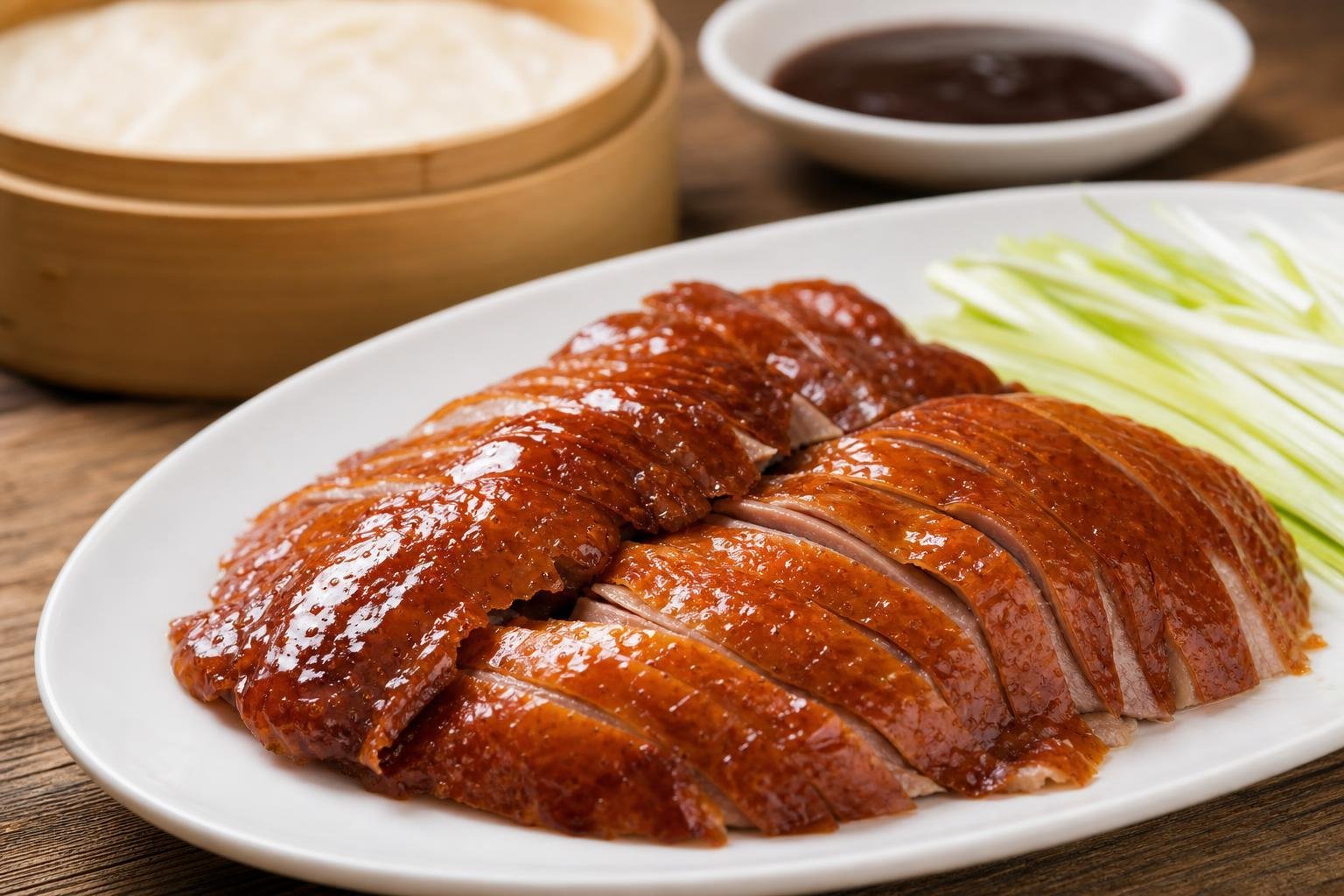 Tranches de canard à la peau laquée brun-roux, dressées sur un plat ovale avec des bâtonnets de concombre, un panier de bambou de crêpes et une coupelle de sauce brune