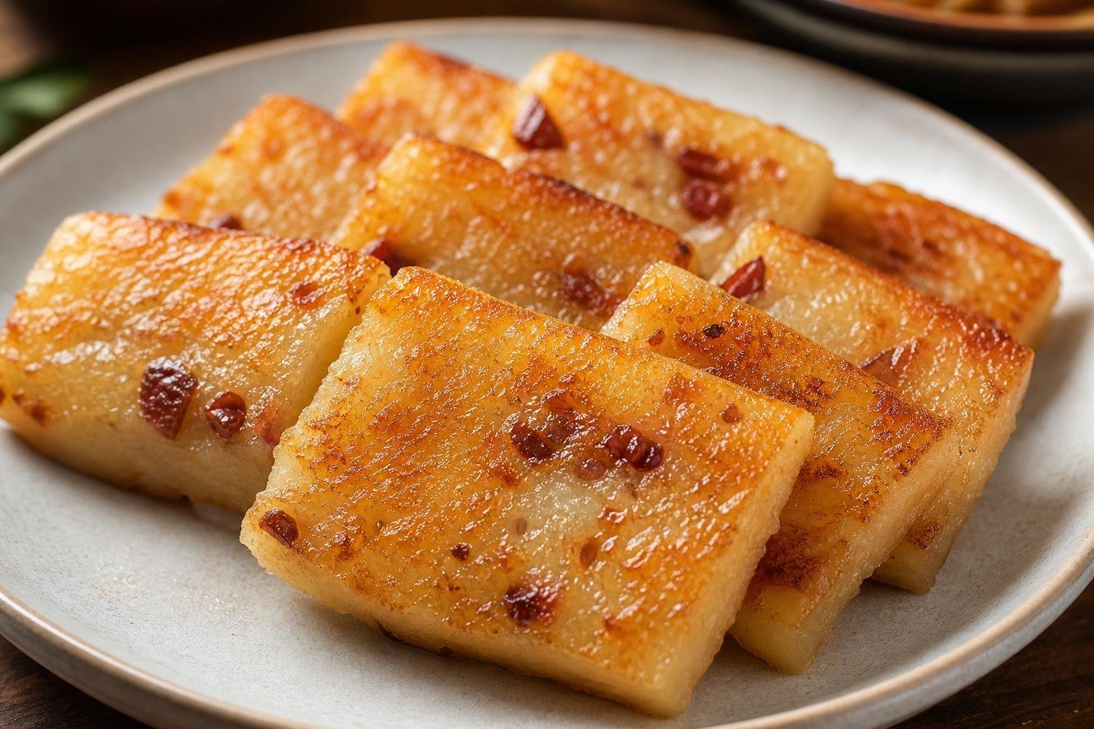 Tranches rectangulaires de gâteau de riz dorées à la poêle, piquetées de morceaux de datte rouge, sur une assiette claire