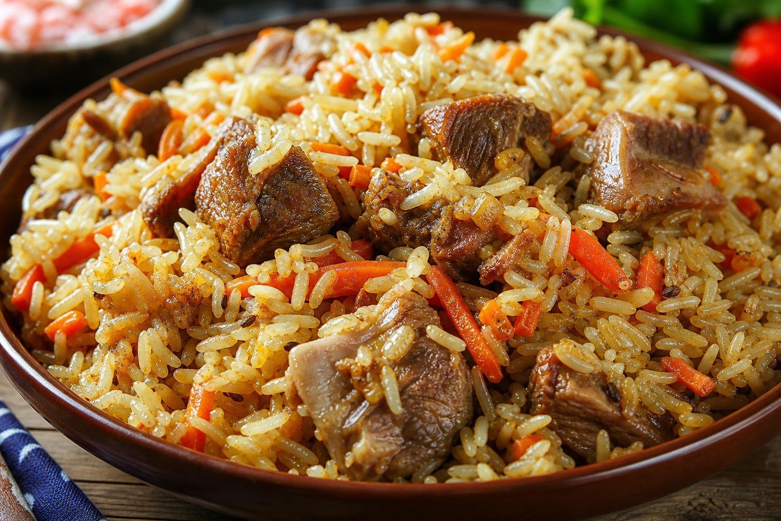Plat creux de riz doré mêlé de bâtonnets de carotte et de gros morceaux d’agneau