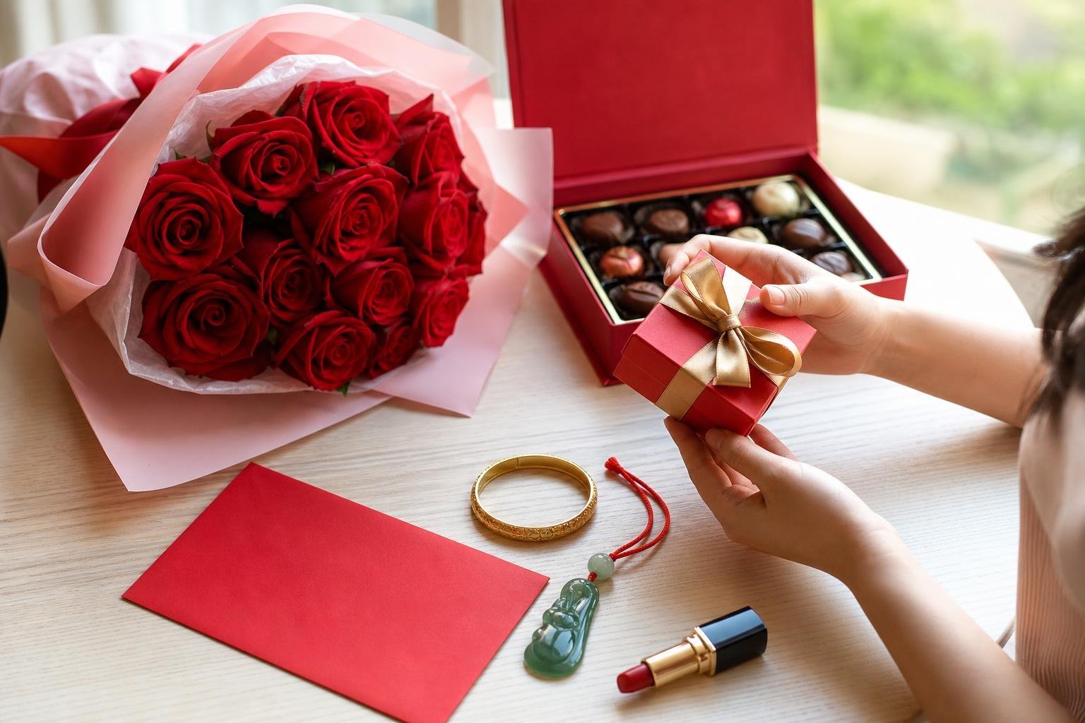 Sur une table claire près d'une fenêtre, un bouquet de roses rouges emballé de papier rose, une boîte de chocolats ouverte, une enveloppe rouge vierge, un bracelet d'or, un pendentif de jade vert sur un cordon rouge et un rouge à lèvres ouvert. Deux mains de femme tiennent un petit coffret rouge noué d'un ruban doré.