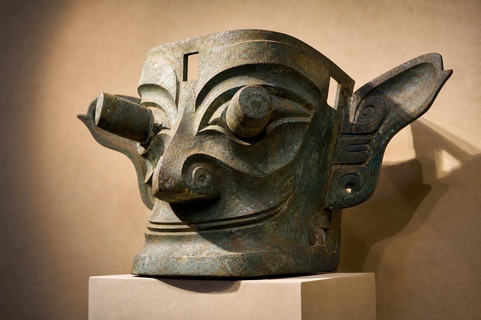 Masque de bronze aux pupilles cylindriques saillantes et aux grandes oreilles déployées, posé sur un socle