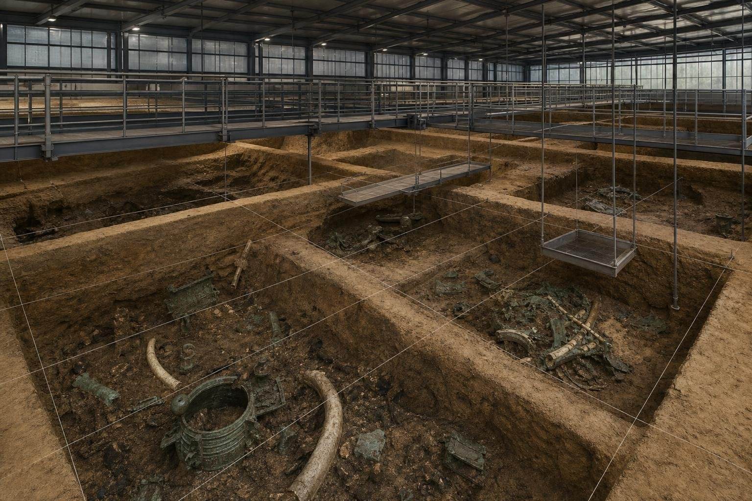 Intérieur d'une halle de protection en acier et verre au-dessus de plusieurs fosses rectangulaires creusées dans une terre claire ; des cordeaux blancs les quadrillent, des passerelles et deux plateformes suspendues les surplombent, et l'on distingue au fond des bronzes couverts de vert-de-gris et deux défenses d'ivoire courbes.