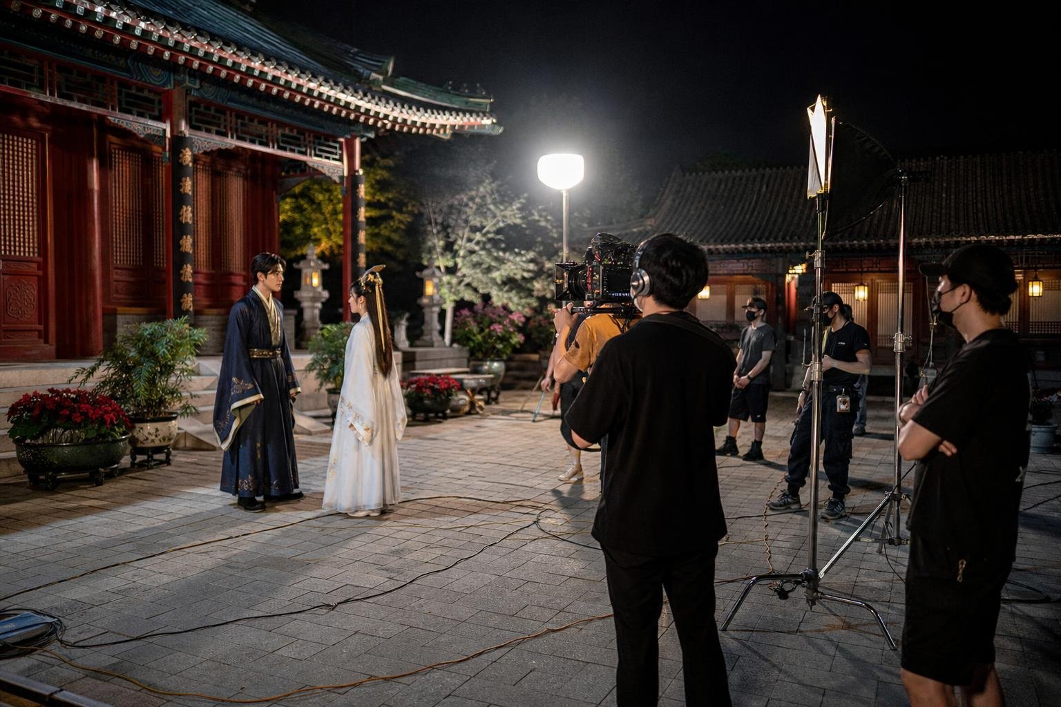 Tournage nocturne d'une série ultracourte chinoise, éclairages portables et petite équipe technique