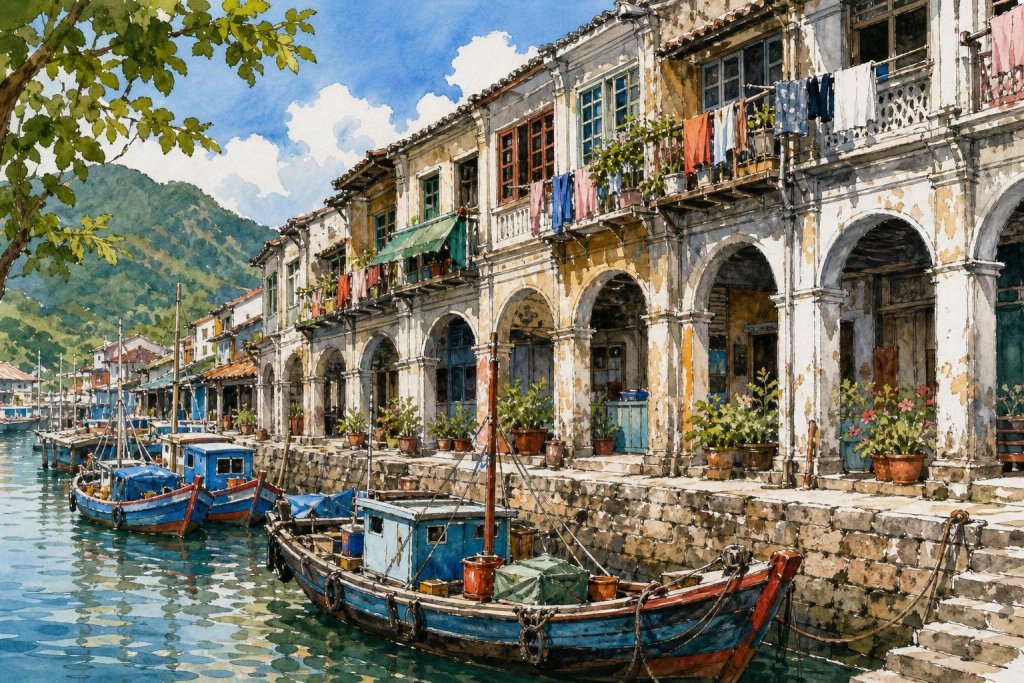 Peinture à l’encre et à l’aquarelle du bassin abrité de Shapowei et de ses arcades anciennes