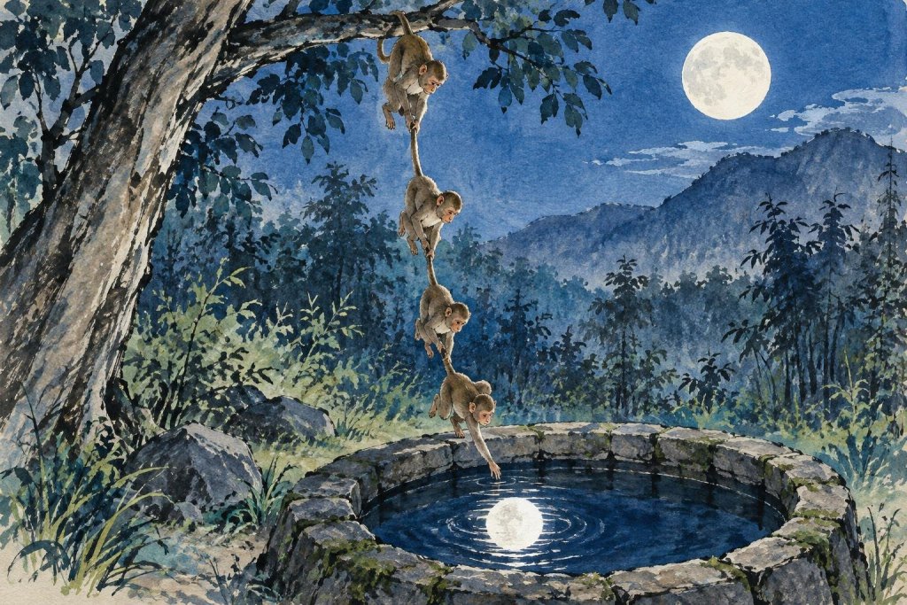 Quatre macaques forment une chaîne sous une branche, chacun tenant la queue du précédent ; le dernier tend la main vers le disque blanc de la lune reflété dans un puits de pierre circulaire, tandis que la vraie pleine lune brille en haut du ciel, au-dessus des collines boisées