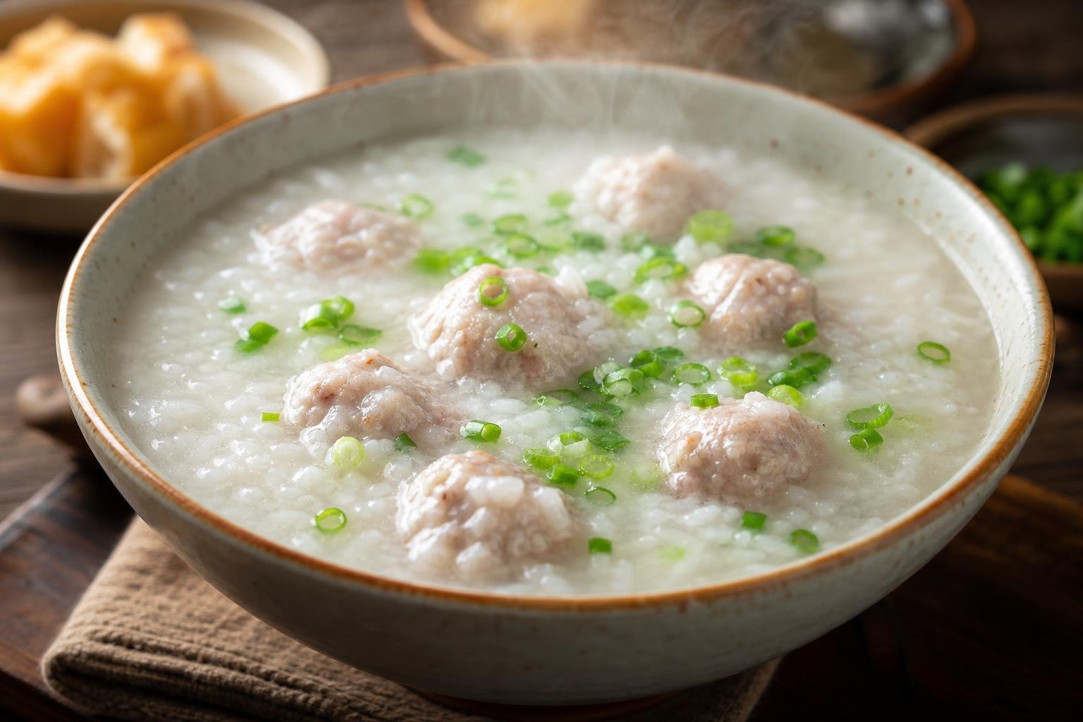 Bol de riz bouilli fumant où flottent six boulettes de viande, parsemé de rondelles de ciboule