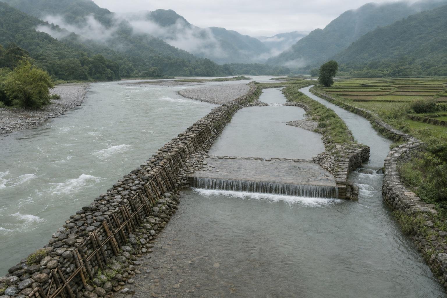 Longue digue de galets retenus par un clayonnage de bambou, qui partage une rivière de montagne en deux bras ; au centre, une nappe d'eau franchit un déversoir de pierre basse, et un canal file sur la droite vers des champs en terrasses, sous des collines boisées noyées de brume.