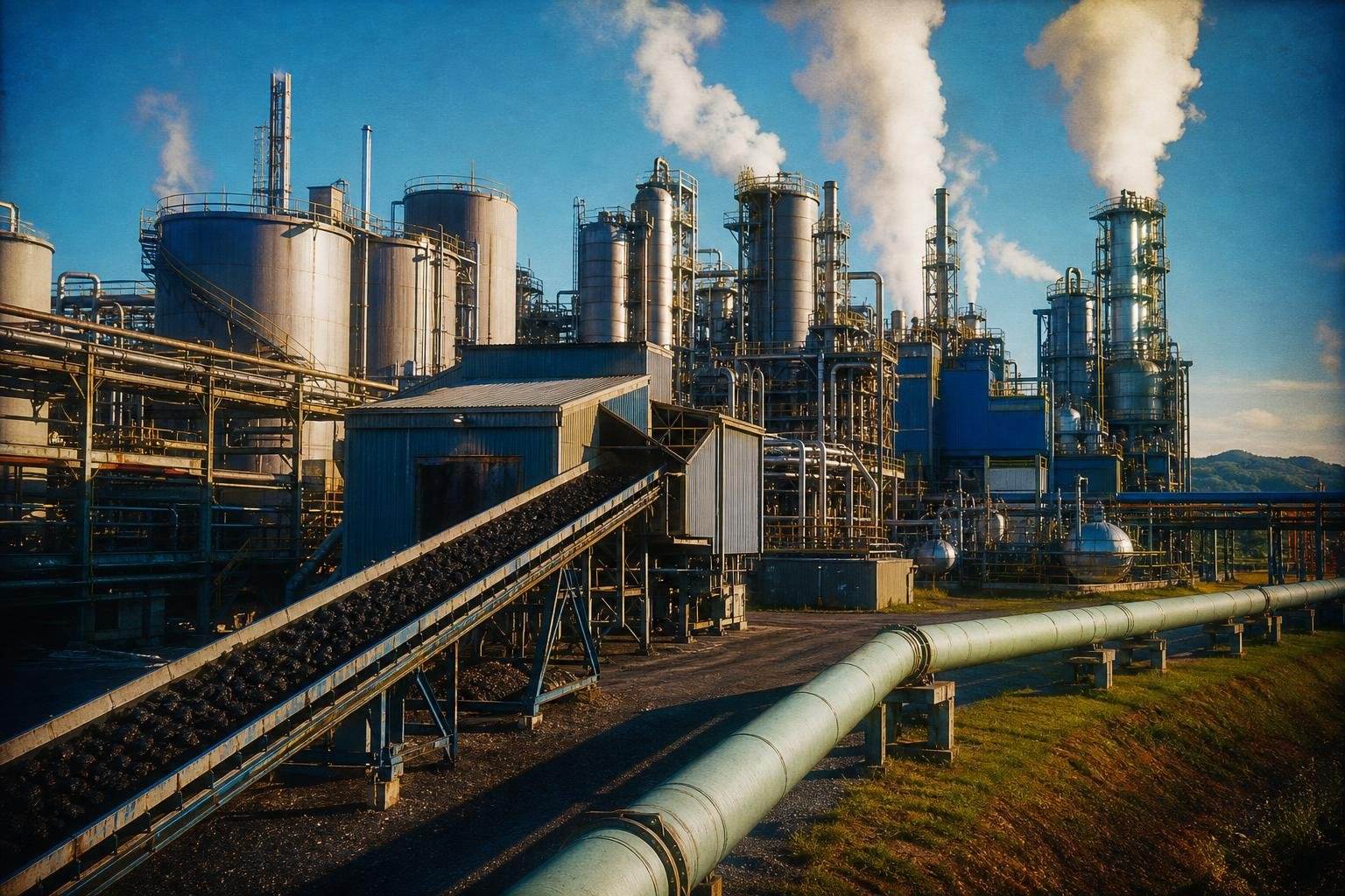 Illustration d'une usine de liquéfaction de charbon, cuves et tuyauterie