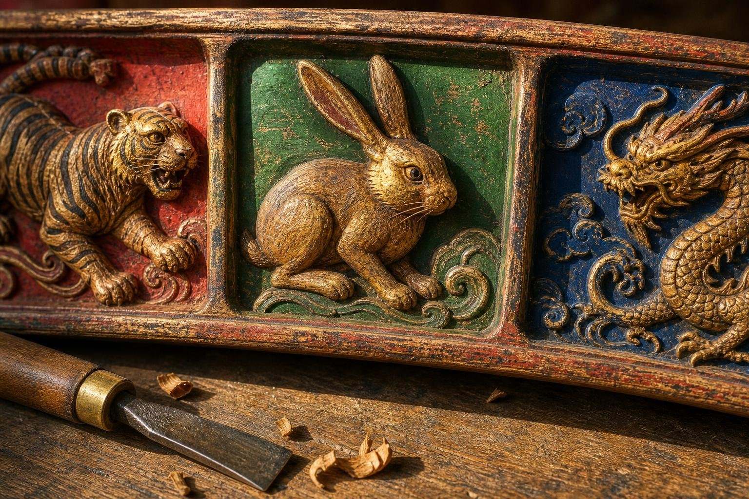 Frise de bois sculptée en relief doré : un tigre sur fond rouge, un lièvre sur fond vert, un dragon sur fond bleu, et un ciseau de sculpteur posé devant.
