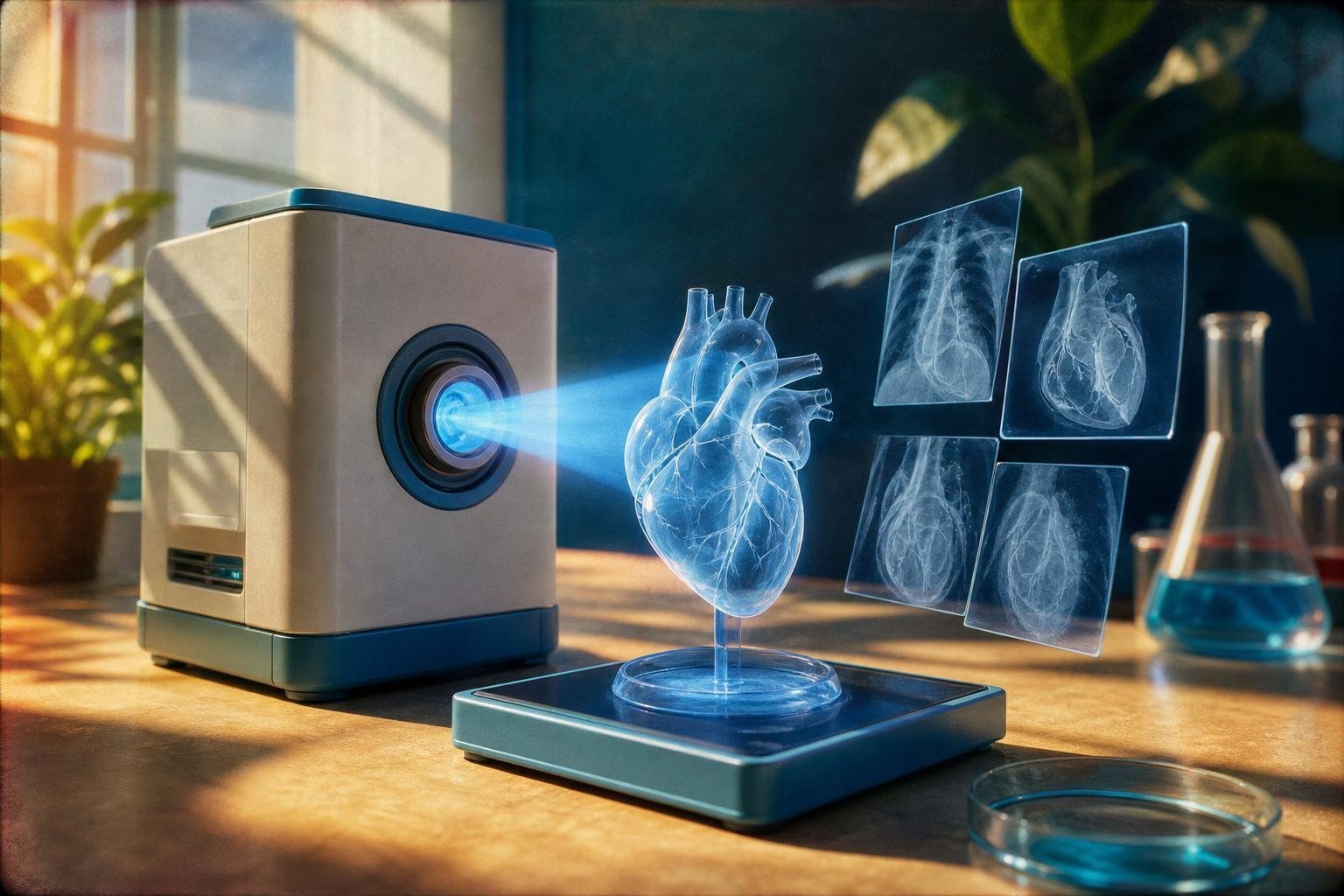 Schéma d'un appareil à rayons X de paillasse filmant un cœur translucide