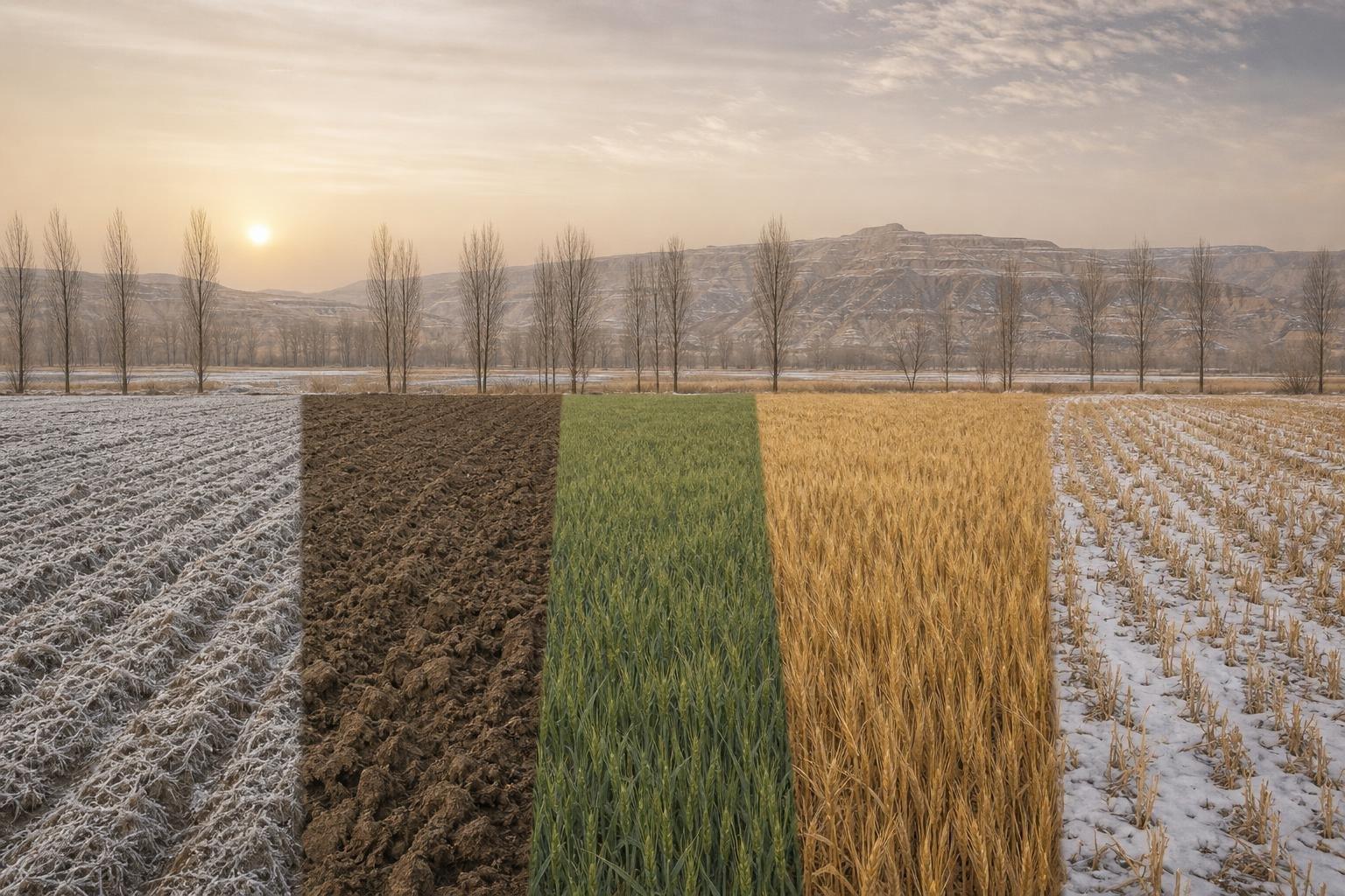 Un même champ montré en cinq bandes verticales qui se succèdent de gauche à droite : sillons givrés, terre fraîchement labourée, blé vert, blé mûr doré, puis chaumes sous une neige légère ; au fond, une rangée de peupliers nus, des collines de lœss et un soleil bas dans un ciel voilé.