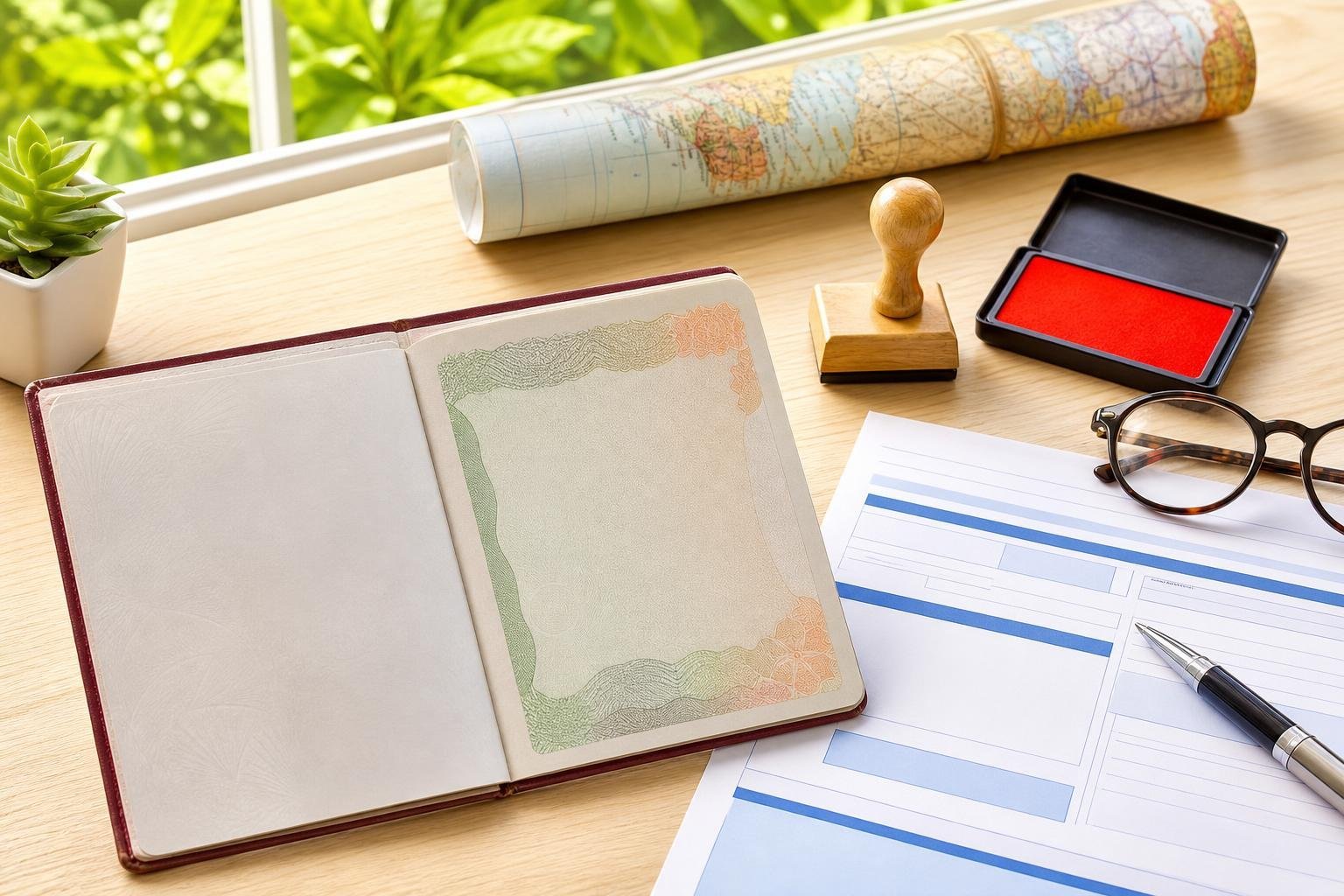 Passeport bordeaux ouvert à plat sur une table en bois clair, sa page de droite occupée par un cadre guilloché vert et orange resté vierge ; à côté, un formulaire imprimé aux bandes bleues et ses cases vides, un stylo, des lunettes rondes, un tampon à manche de bois et un tampon encreur rouge et noir ; au fond, une carte du monde roulée devant une fenêtre et des feuillages verts.