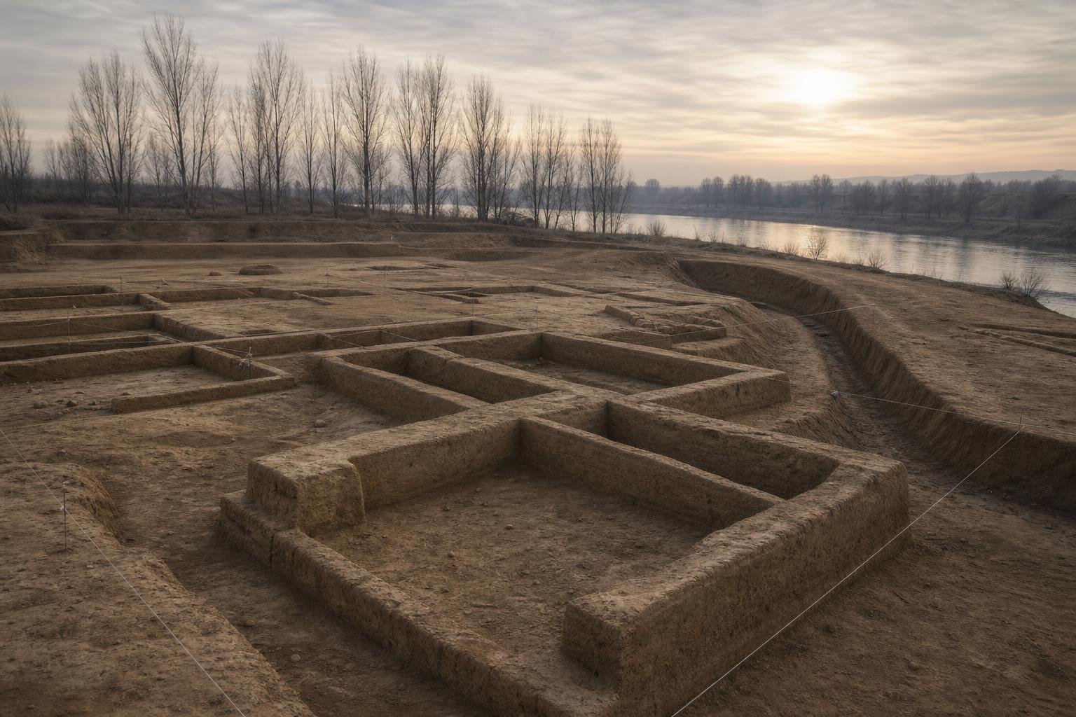 Vaste chantier de fouille où des fondations en terre damée dessinent un quadrillage de pièces rectangulaires ; des cordeaux blancs tendus sur des piquets quadrillent le sol ocre, un fossé longe le chantier vers une rivière que borde une rangée de peupliers dénudés, sous un soleil bas voilé.