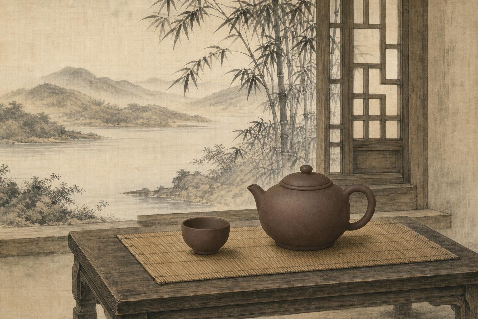 Théière en grès non émaillé sur une natte de bambou, devant une fenêtre ouverte sur des collines et un lac, peinture à l'encre