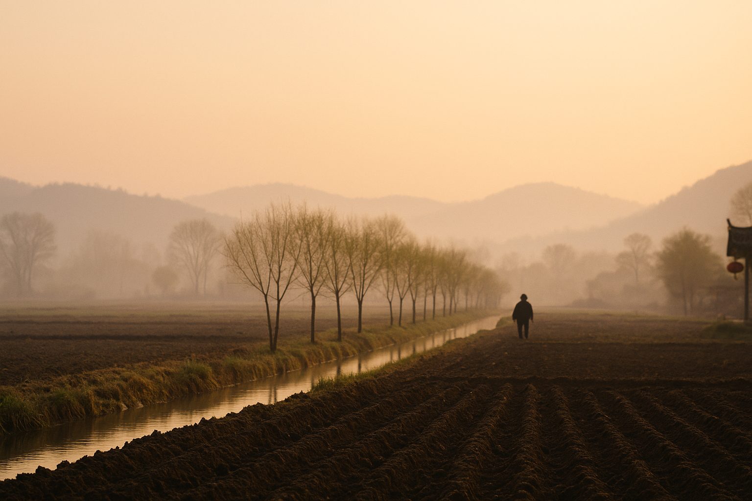 Freshly ploughed fields at first light, a row of willows along a canal, a figure walking away, mist on the hills.