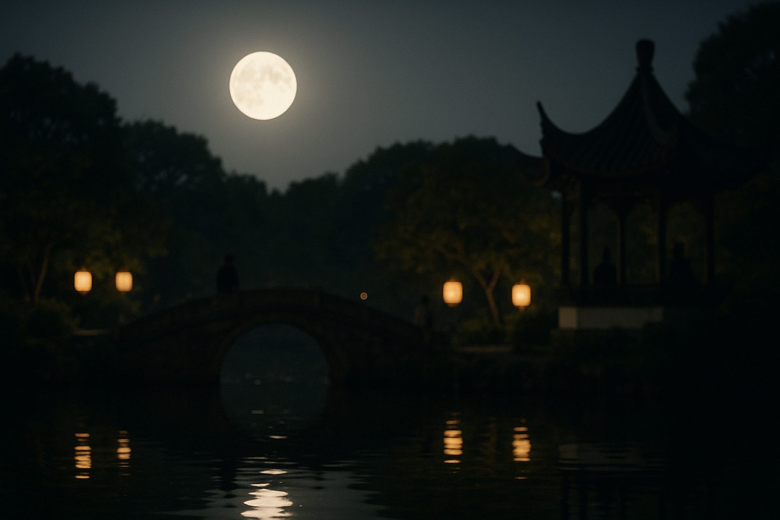 A full moon over a Chinese garden pond, a stone arch bridge, four lanterns on the bank and the silhouette of a pavilion to the right.