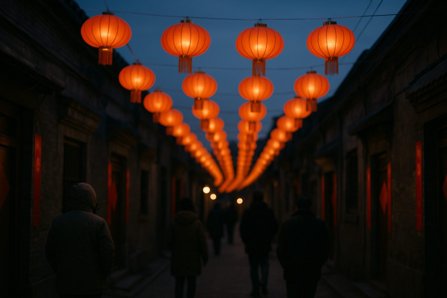 A narrow hutong at dusk, rows of red lanterns strung overhead, a few people in winter coats walking away, red couplets on grey-brick doors.