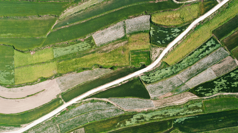 Photo aérienne montrant les champs en terrasse de Majiayuan dans le district autonome Hui de Zhangajiachuan à Tianshui