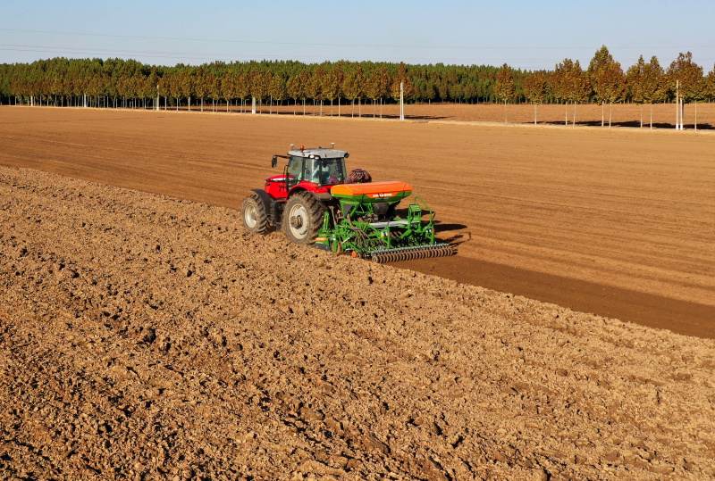 Photo aérienne d'une machine agricole semant des graines de blé d'hiver dans des champs à Yanli