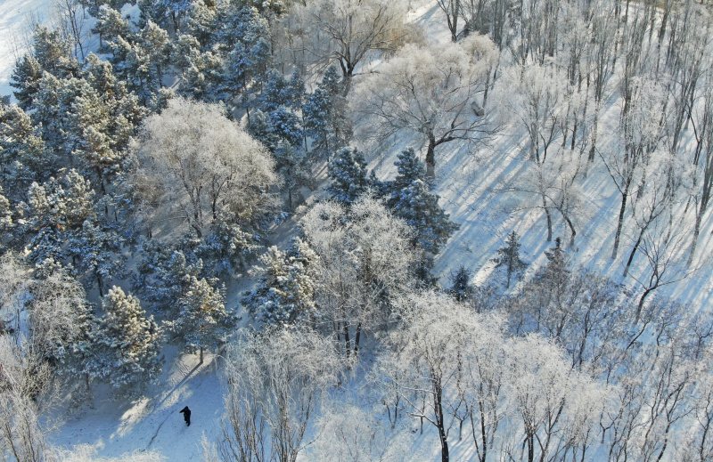 Vue aérienne d'un paysage de givre le long de la rivière Hunhe à Shenyang