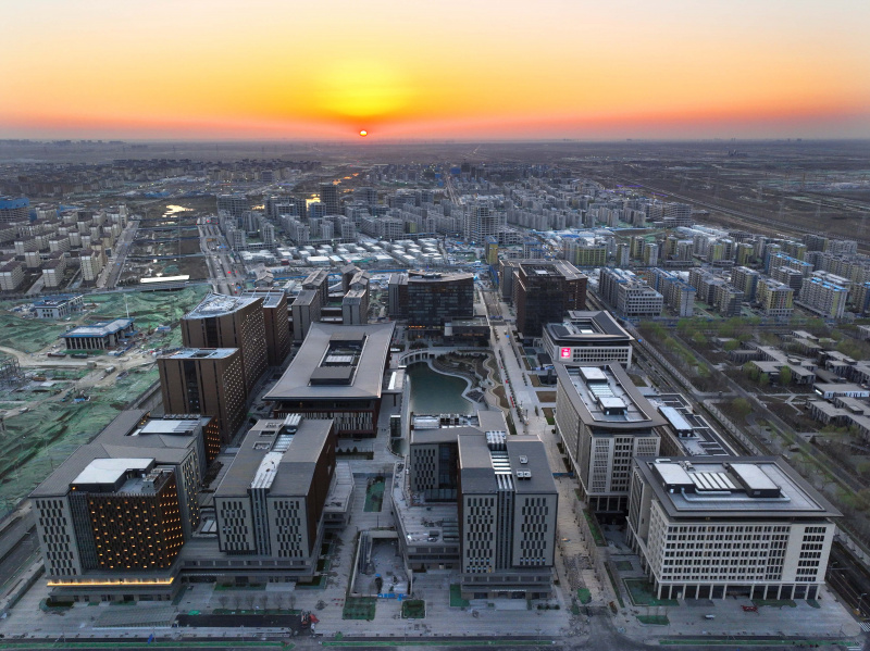 Photo aérienne du lever de soleil au-dessus de la Nouvelle Zone de Xiongan