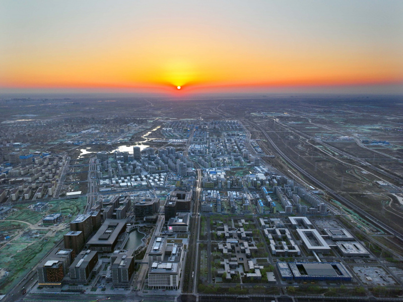 Photo aérienne du lever de soleil au-dessus de la Nouvelle Zone de Xiongan