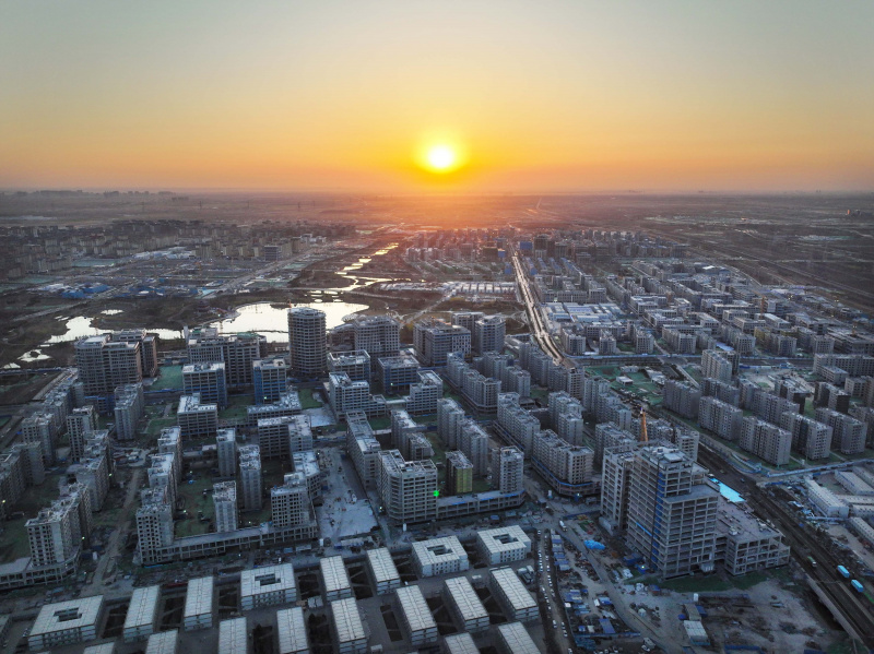 Photo aérienne du lever de soleil au-dessus de la Nouvelle Zone de Xiongan