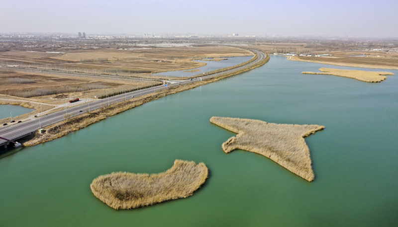 Photo aérienne prise le 2 mars 2021 montrant une section du fleuve Jaune dans la région autonome Hui du Ningxia