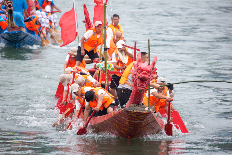 Des membres d'équipage de bateaux-dragons participent à une course traditionnelle chinoise de bateaux-dragons sur la rivière Hanjiang