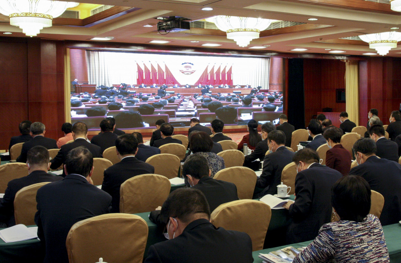 Une salle adjacente d'une vidéoconférence de la première session du 14e Comité national de la Conférence consultative politique du peuple chinois (CCPPC)