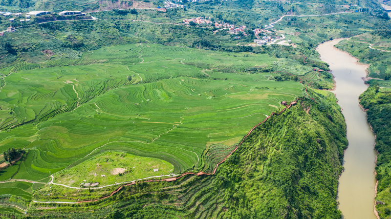 Photo aérienne de champs en terrasses dans le bourg de Xinmin de la ville de Panzhou