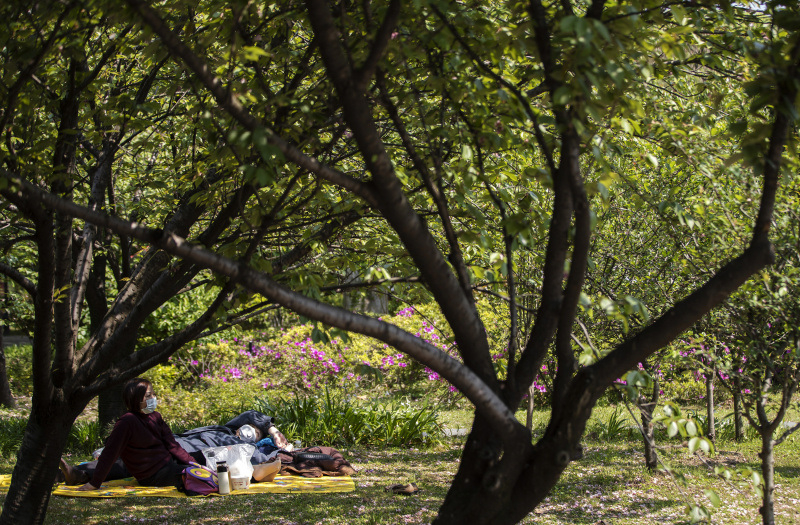Un couple profite du soleil au parc Jiangtan de Wuhan