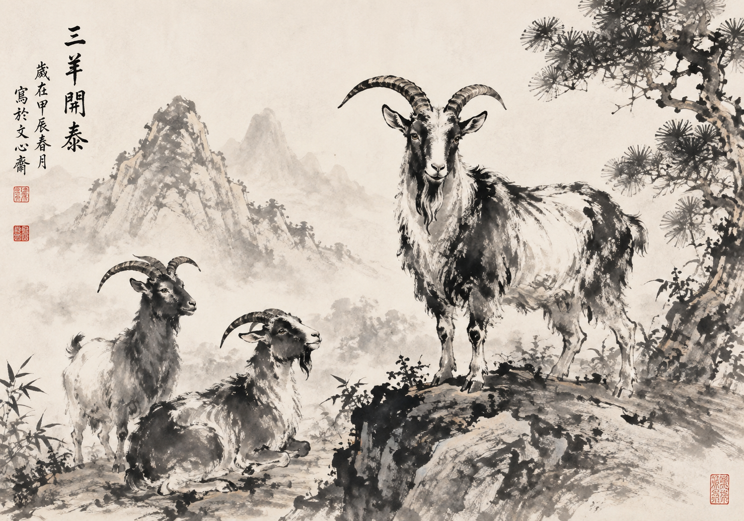 peinture chinoise de chèvres