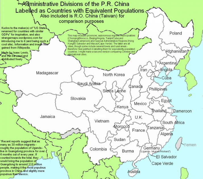 Carte de Chine comparée aux pays du monde en terme de population