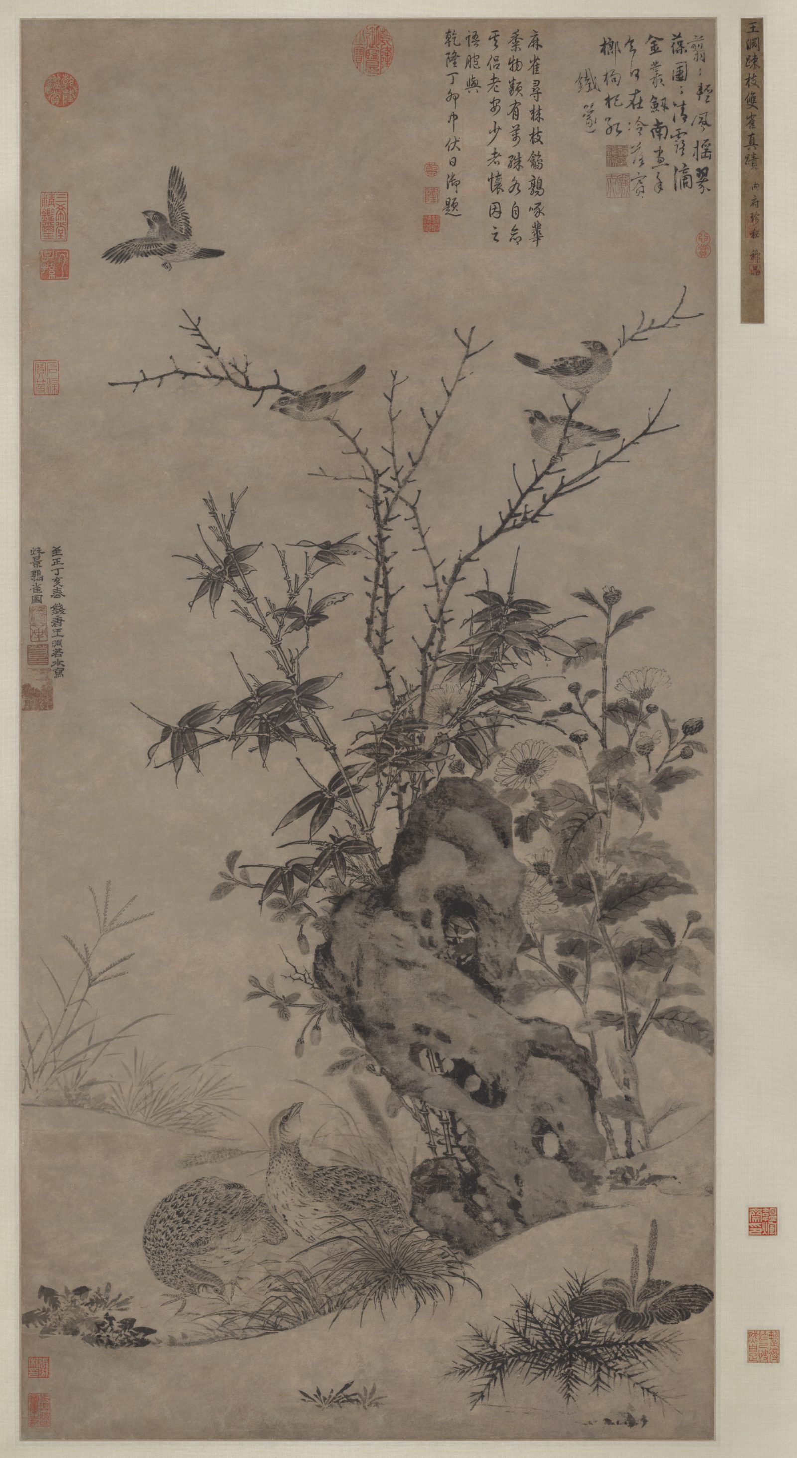 « Quails and Sparrows in an Autumn Scene », Copie d’après Wang Yuan, rouleau suspendu, Chine, dynastie des Yuan (1271-1368)