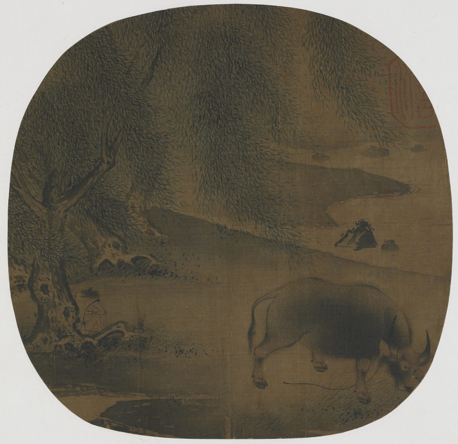 « Water buffalo and herdboy under willows 柳蔭牧牛圖 », Attribué à Xia Gui 夏珪 (active ca. 1195-1230), feuille d’album, dynastie des Song du Sud