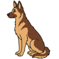 Flat drawing of a dog sitting in profile, facing left: upright pointed ears, a brown back and nape, a sand-coloured chest, muzzle and legs, and a bushy tail brought round along the paws. No collar, no lead.
