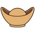 Flat drawing of a Chinese gold ingot, a sycee, seen head-on: a sand-coloured boat-shaped mass, a horn raised at each end, a domed swell in the middle, the hollows under the horns in brown, and a flat foot below. Nothing is stamped on it.