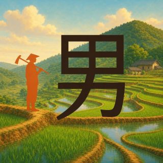 Terraced rice paddies climb a Chinese hillside, their bright green strips divided by ochre earth banks, with a tiled farmhouse and a wooded mountain behind under a blue cloudy sky. At the left, standing on one bank and seen in profile, a flat orange farmer in a conical hat carries a hoe over the shoulder. Across the middle of the terraces the character 男 rises very large in deep brown: the four celled square of 田 above, and below it 力, whose slant runs far down to the left.