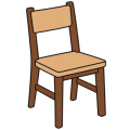 Flat drawing of a wooden chair seen from a three-quarter view: four straight brown legs and stretchers, a sand-coloured seat and a sand-coloured back panel.