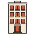 Flat drawing of a block of flats seen head-on: an ivory façade, three rows of three windows with terracotta panes on sand-coloured sills, a terracotta door in a sand frame, and a sand cornice at the top carrying a small roof box.