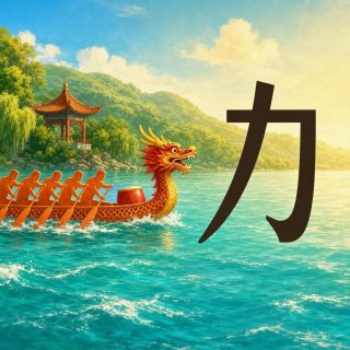 A turquoise river under a golden sky, wooded hills and a red and gold pavilion among willows on the left bank. A dragon boat with a carved red and gold prow and a red drum carries five flat orange rower silhouettes leaning together, every paddle in the water on one side. On the right, above the water, the character 力 in very dark brown: a bar runs along the top, turns down the right into a hook, and a slanting stroke crosses it and runs to the lower left.