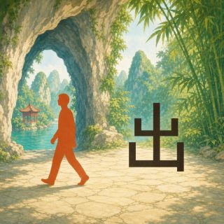 The mouth of a cave in a karst landscape: at the left a high arch of grey rock, and through it turquoise water and a small pavilion with upturned roofs. Green bamboo grows at the right, over a pale flagstone pavement. On it a flat terracotta orange silhouette of a person walks in profile toward the arch, one leg ahead of the other. At the right the character 出 in dark brown: two cups nested on one stem, the lower much wider, its right upright dropping below the bottom bar.