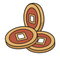 Flat drawing of three round coins with a square hole: a sand-coloured rim and a terracotta field. Two lie flat and overlap, the third stands on edge behind them. No inscription.