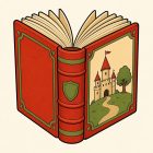 Un gros livre dressé sur ses plats ouverts, dos vers nous. La reliure est rouge à filets verts et porte un écusson sur le dos ; les pages s’éventent au-dessus. À l’intérieur du plat de droite est peint un château crème à toits rouges, un arbre vert et un chemin qui monte vers la porte.