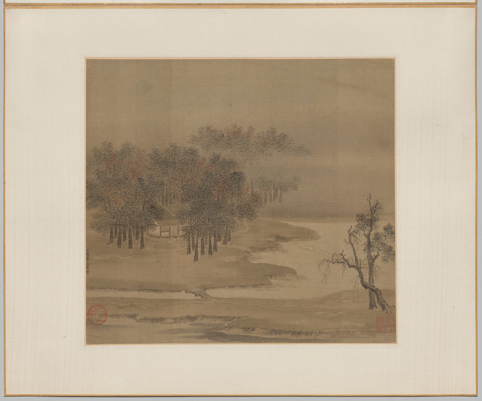 « Cottages in a Misty Grove in Autumn », Li Anzhong, feuille d’album, Chine, dynastie des Song du Nord (960-1127)