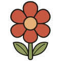 Flat drawing of a flower seen head-on: six broad terracotta petals around a round sand-coloured centre, on an olive-green stem carrying two leaves.