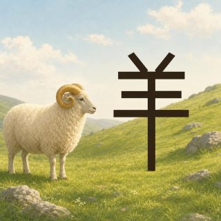 On a sloping meadow strewn with grey rocks, under a pale blue sky, a sheep with a thick cream fleece and large ringed golden horns coiled in a full spiral beside its head stands in profile at the left. At the right, in the grass, the character 羊 in dark brown: two short obliques splaying upward in a V whose points meet the first of three horizontal bars, the middle bar the shortest, and an upright stem running through them all.