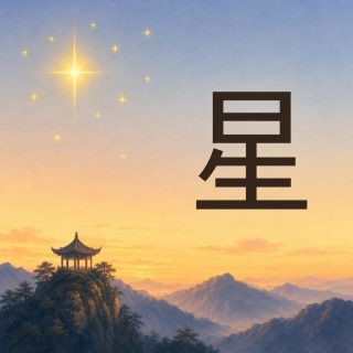 A twilight sky over hazy blue mountains, powder blue at the top and orange and gold toward the horizon; a small pavilion with an upswept roof stands in silhouette on a wooded crag at the lower left. High at the left a large golden four pointed star blazes among a dozen small ones. At the right the character 星 in near black: a rectangle cut by a single bar, and below it three bars of growing width crossed by a stem, with a short slanted stroke at the left.