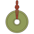 Flat drawing of a jade pendant seen head-on: a large olive-green jade disc pierced by a round hole at its centre and underlined by an engraved circle near the rim. A terracotta cord passes through the hole, runs back up over the disc and is knotted at the top into a hanging loop. No setting, no metal, no drawn sparkle.
